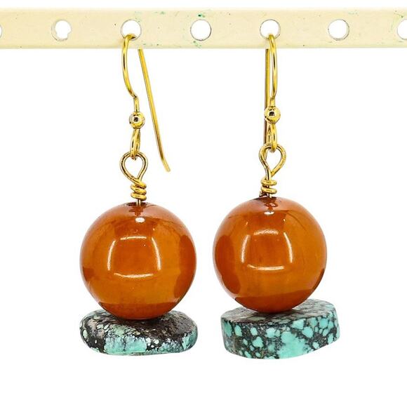 Unique Bakelite & Natural Spiderweb Turquois Drop Dangle Beaded Boho Earrings - Picture 1 of 6